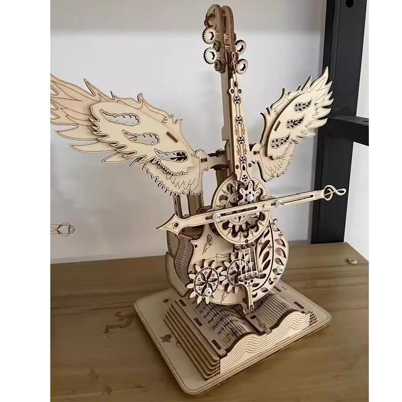 DIY 3D Wooden Puzzle Miniature Building Kit Angel's Instrument Cello Jigsaw Puzzle With Music for Children Birthday Gifts