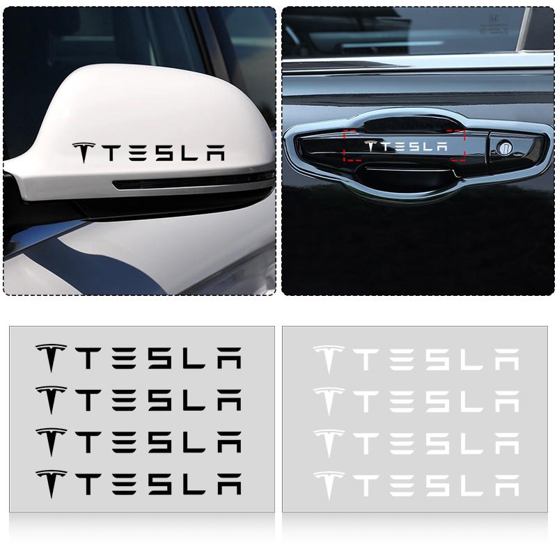 dfzky1 4Pcs Car Door Handle 3D Stickers Tire Rear View Mirror Decals Caps For Tesla Model 3 2022 S X Y Style Roadster Invader Coil Mod