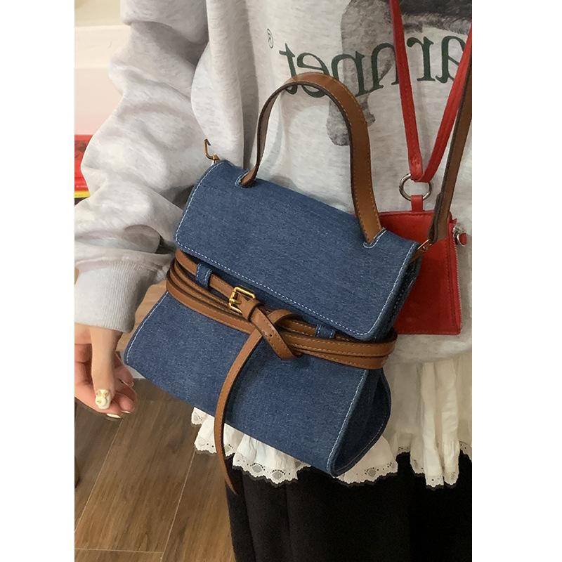 

Корейская мода джинсовая ручная маленькая квадратная сумка женская 2025 новая универсальная сумка Kelly простая сумка через плечо кроссбоди синий