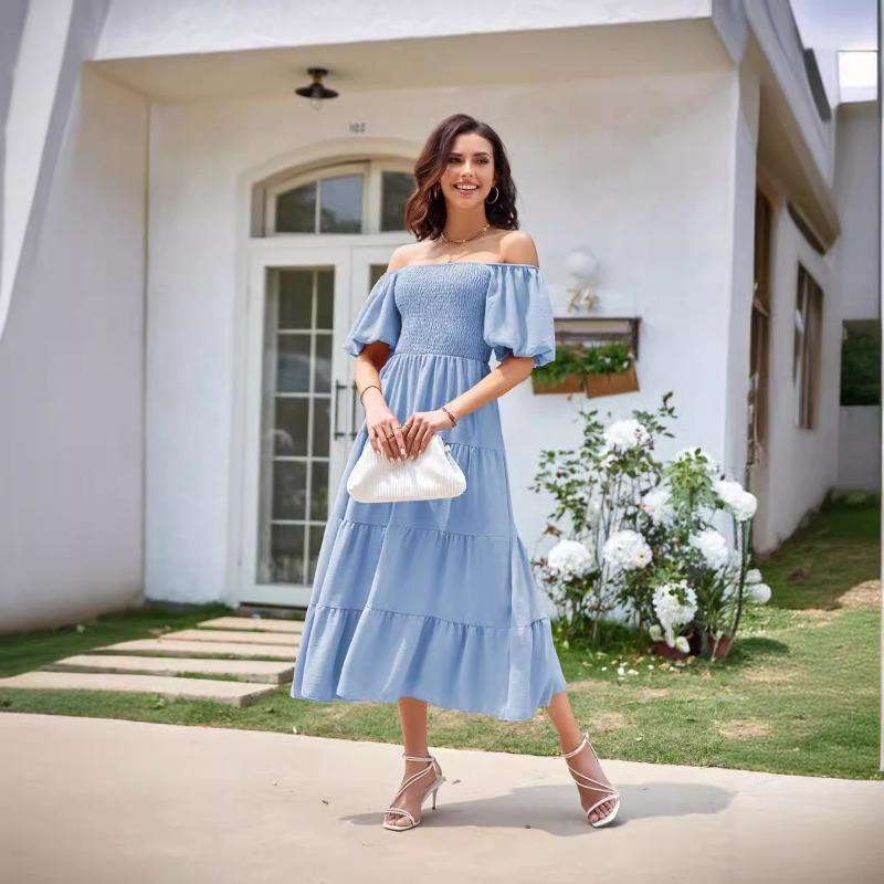 Popular Women's Square Neck Backless Bubble Sleeve Pleated Short Sleeved Dress