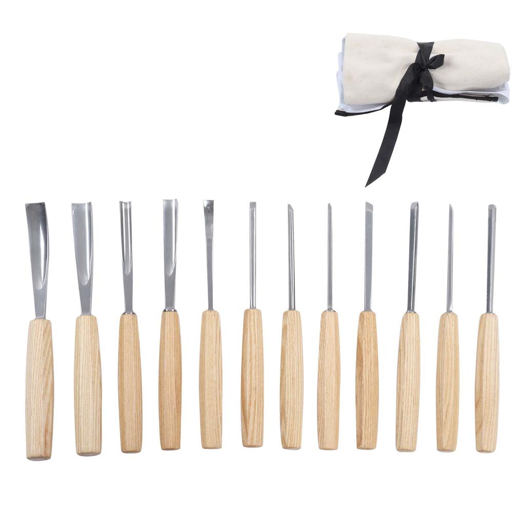 12-teiliges Holzschnitzwerkzeug-Set mit Holzgriff und Stahlmeißel für die DIY-Holzbearbeitung und Gravur