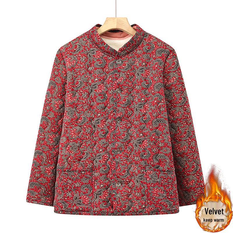 Floral Velvet-Lined Winter Cotton Jacket for Middle-Aged & Elderly