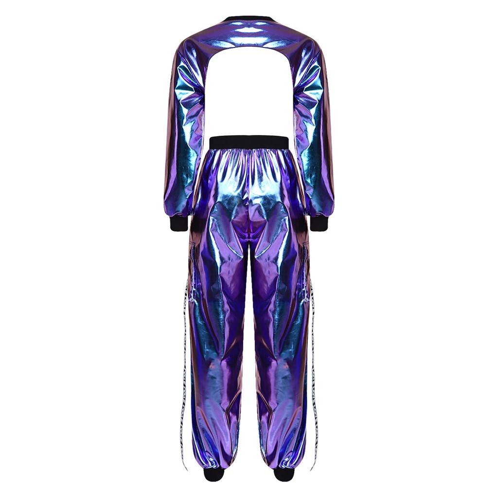 Hip Hop Dance Suit for Women Metallic Shiny Crop Top and Letter Print Cargo Pants for Jazz Disco Stage Bar Outfit