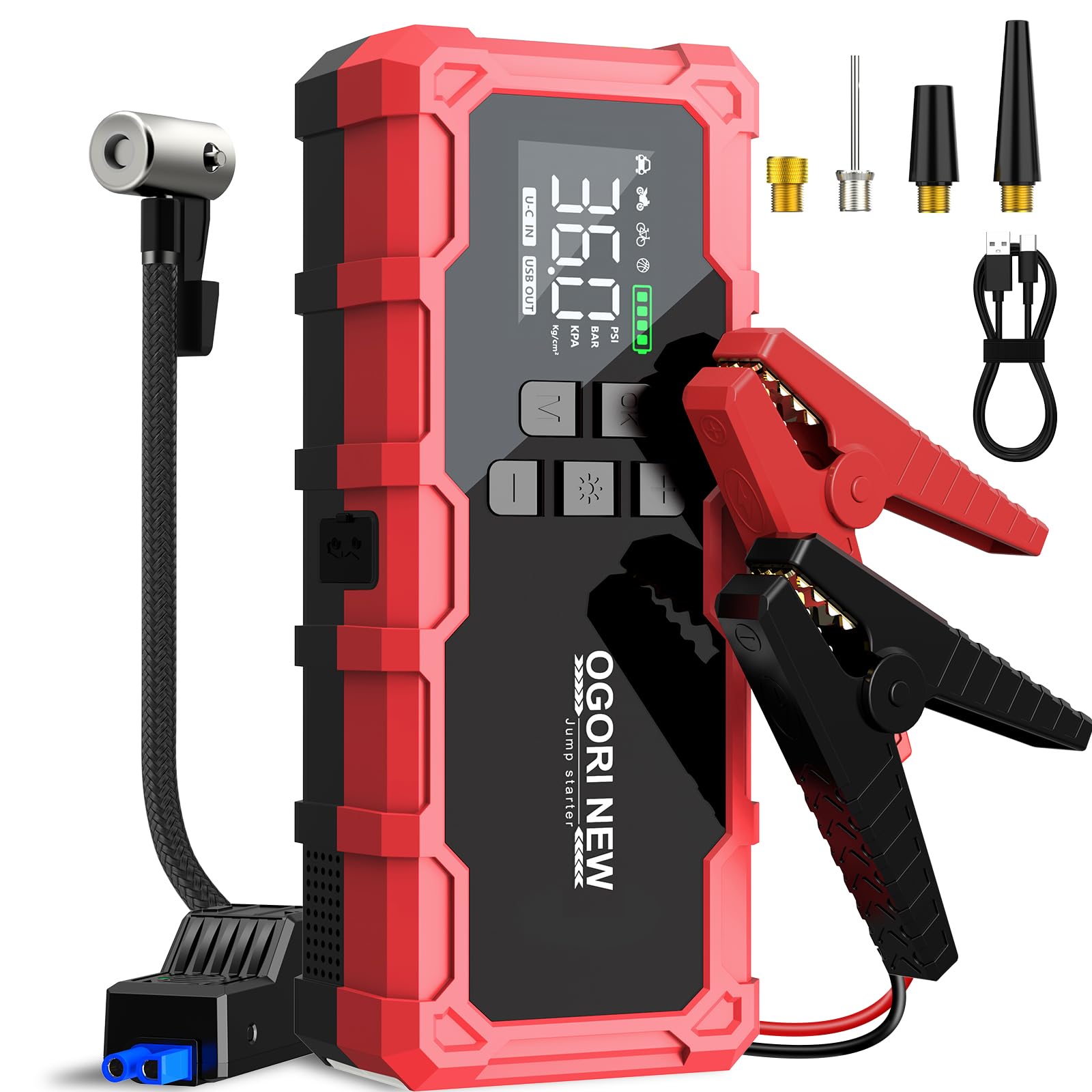 

Jump Starter with 6000A Peak Current, 12V Car Engine Starter, 21800mAh High Capacity Battery Charger (150PSI Air Pump Compatible with 12.0L Gasoline a