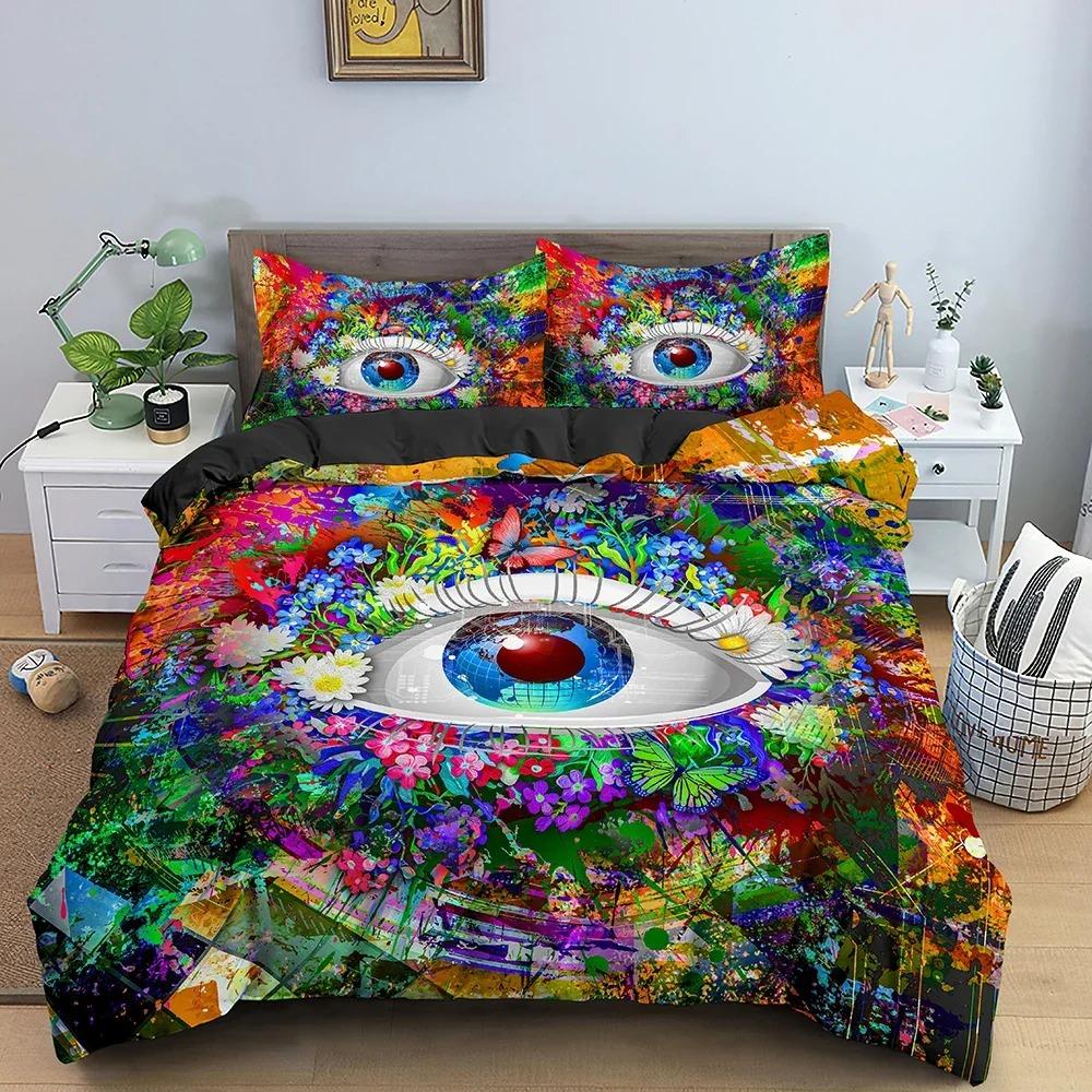 3D Blaues Böses Auge Bettbezug King Queen Größe Psychedelisches Magisches Zeichnungsaugen Bettwäscheset Kinder Jugendliche Erwachsene Polyester Steppdeckenbezug