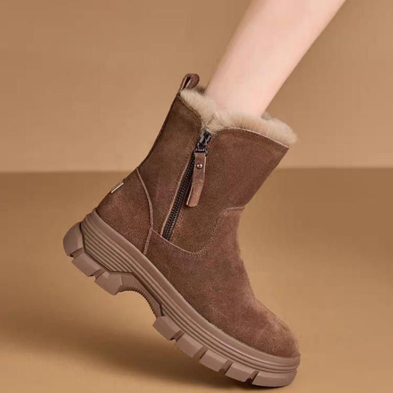 Snow boots new winter fur integrated fleece thick sole heightening leather short cotton shoes