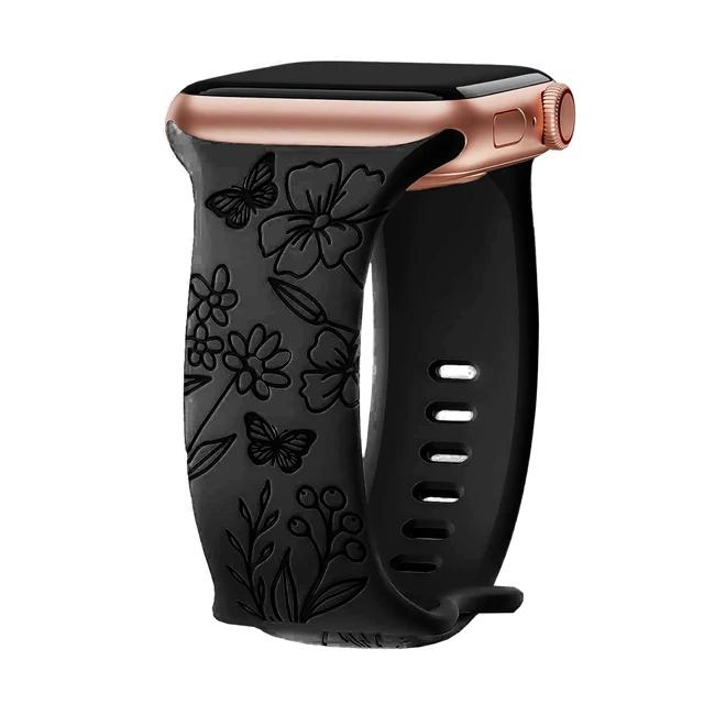 Floral Engraved Strap For Apple Watch Band 40mm 44mm 41mm 49mm 45mm 38mm 42mm Silicone Bracelet Iwatch Series 9 7 Se 6 8 Ultra 2