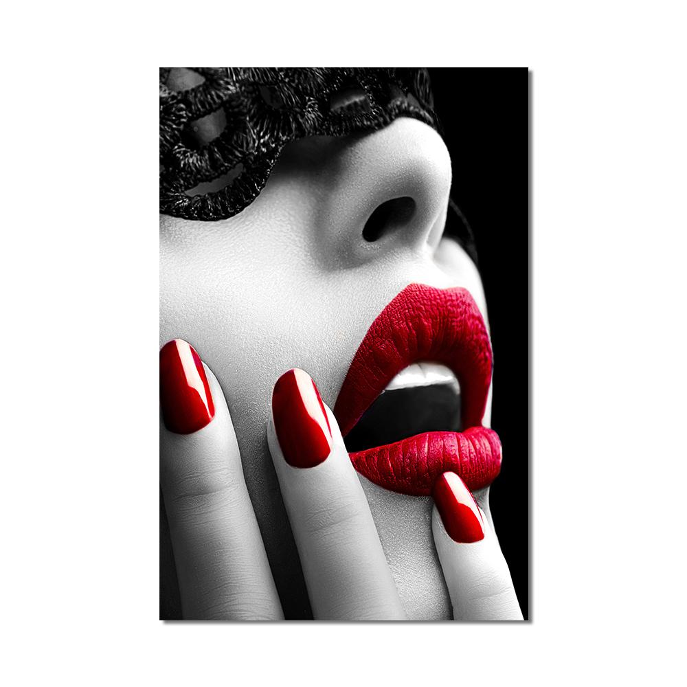 Lábios vermelhos sensuais, retrato feminino, pintura artística, pôsteres e gravuras em tela, arte de parede escandinava, pintura de decoração de sala de estar
