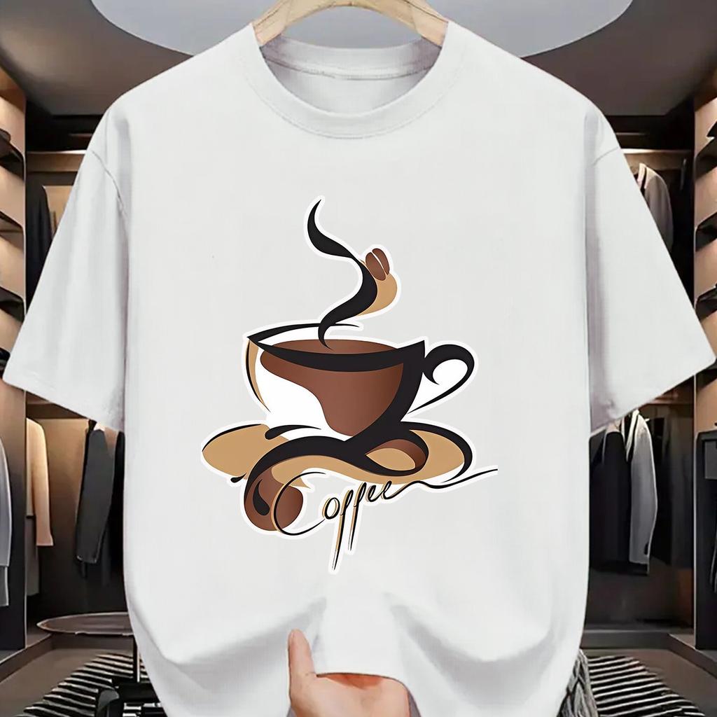 2026 New Arrival Unisexs Coffee Cup Pattern Tshirt  Breathable 100 Pure Cotton Printed Shortsleeve Crew Neck Casual Style