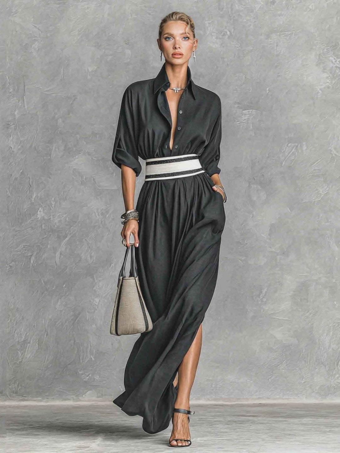 

Elegant Patchwork Long Dress with Pockets - Women s Spring & Autumn European/American Style L темно-серого