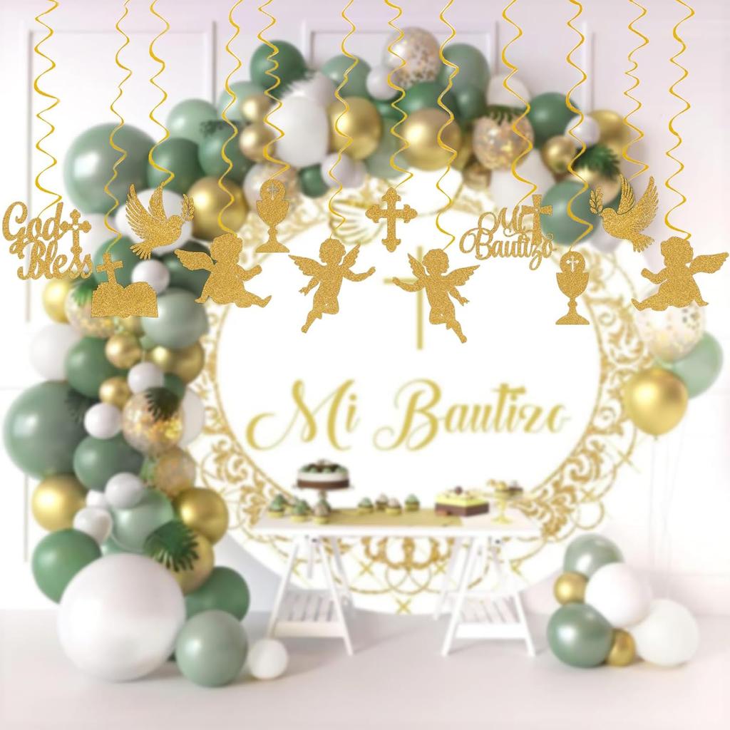Mi Bautizo Party Decoration Baptism Decorations 24pcs Hanging Swirls Decoration God Bless Angel Gold Party Ceiling Decor Banner Supplies Baby Shower