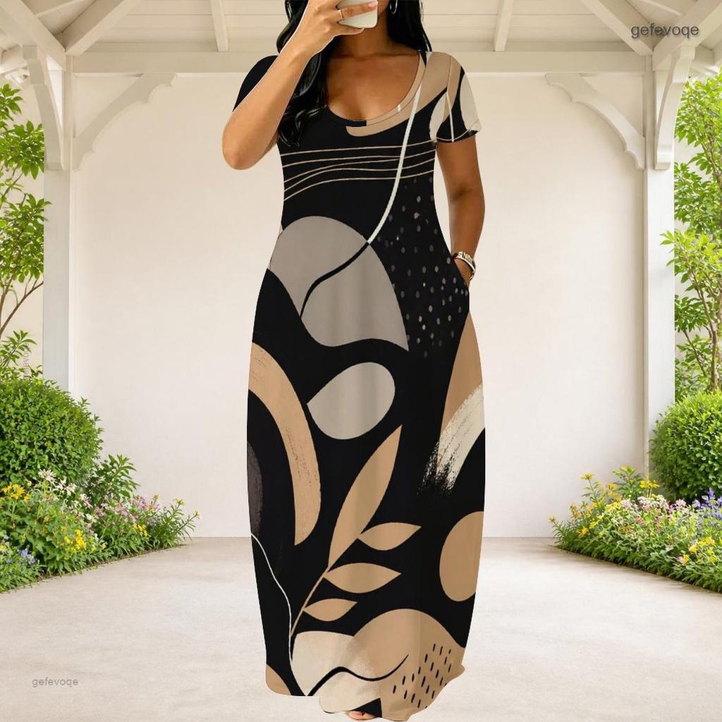 Women Plus Size Round Neck Short Sleeve Abstract Printed Loose Maxi Dress With Side Pockets