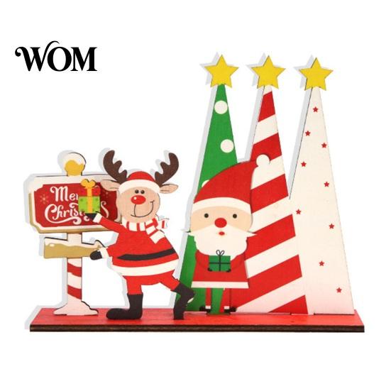 Rustic Wooden Cabin Decor Christmas Ornaments, Tabletop Decoration with Santa Claus Snowman Elk Window Display Props Designs for Home Holiday
