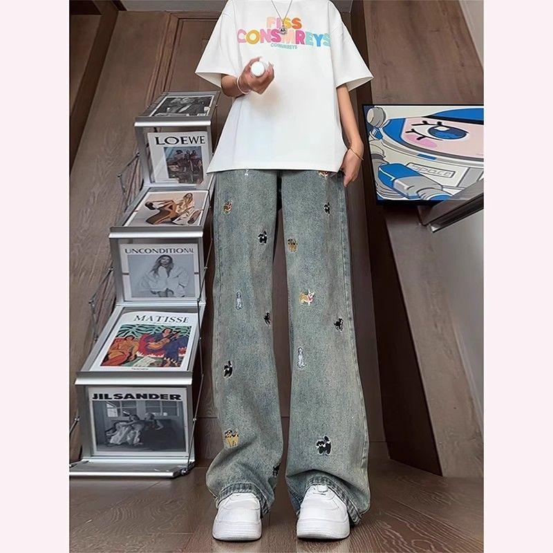 Embroidered Jeans for Women Spring and Autumn Large Size Loose Wide Legs Straight Leg Pants