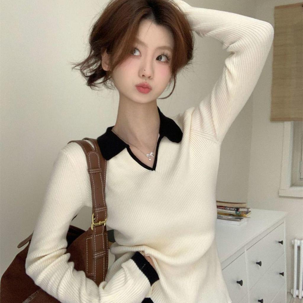 Korean Color Block Polo Collar Long Sleeve Sweater for Women - Winter Slim Fit Base Layer