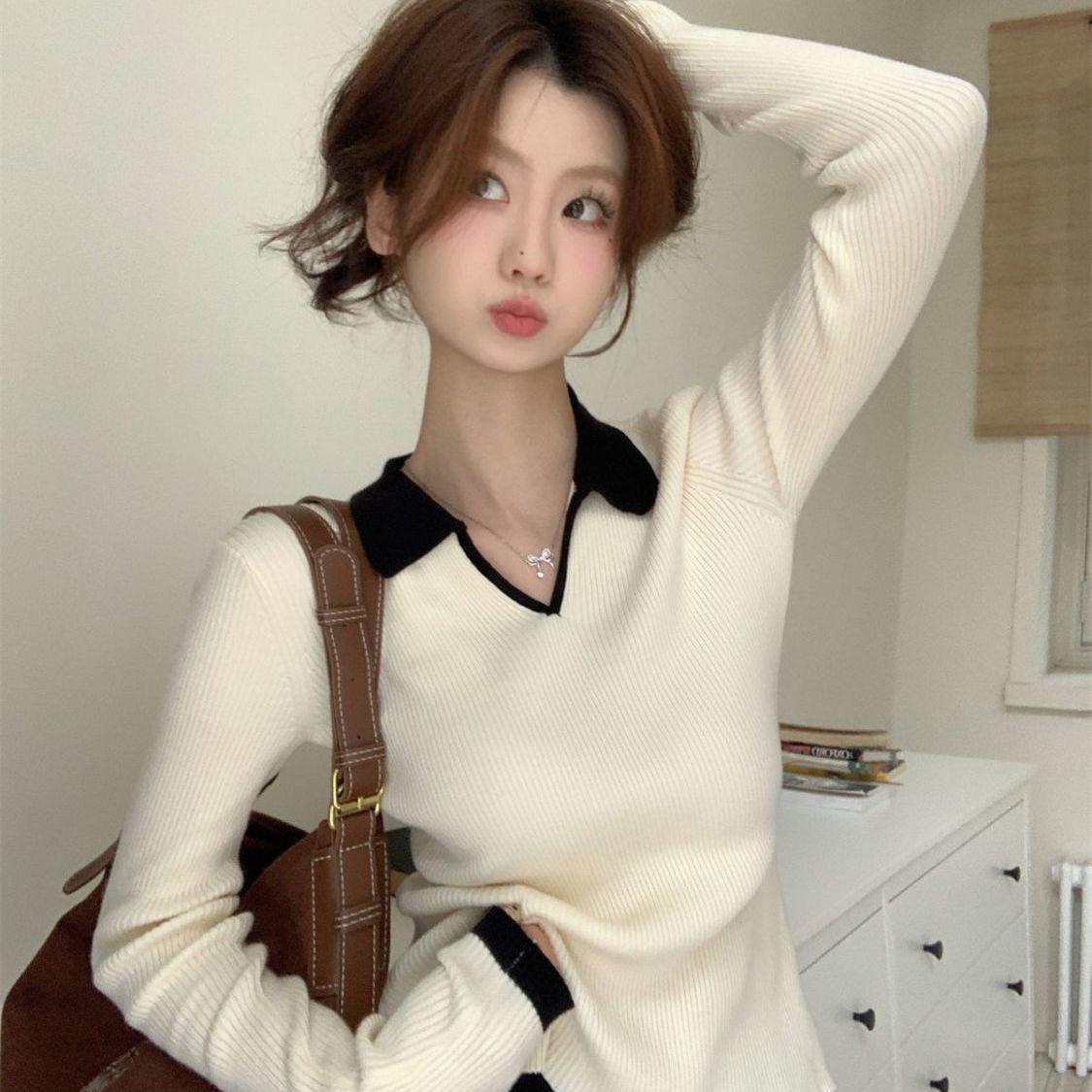 

Корейский свитер с длинным рукавом и воротником поло в стиле колор-блок для женщин - Зимний облегающий базовый слой One Size абрикосовый