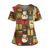 Women's Christmas Print V-Neck Double Pocket Short Sleeves Hem Slit Uniform And Caregiver Top