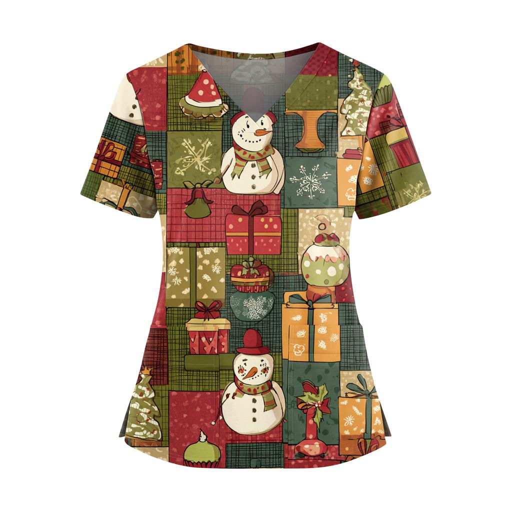 Women's Christmas Print V-Neck Double Pocket Short Sleeves Hem Slit Uniform And Caregiver Top