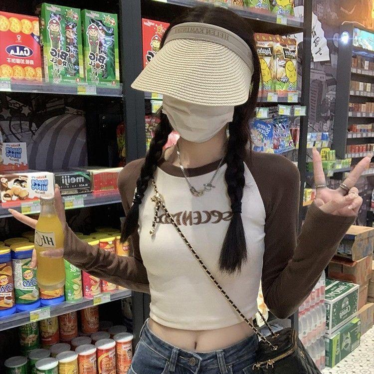 Spice girl navel short embroidery contrasting color splicing T-shirt early autumn shoulder BM style design sense long sleeve tight top women