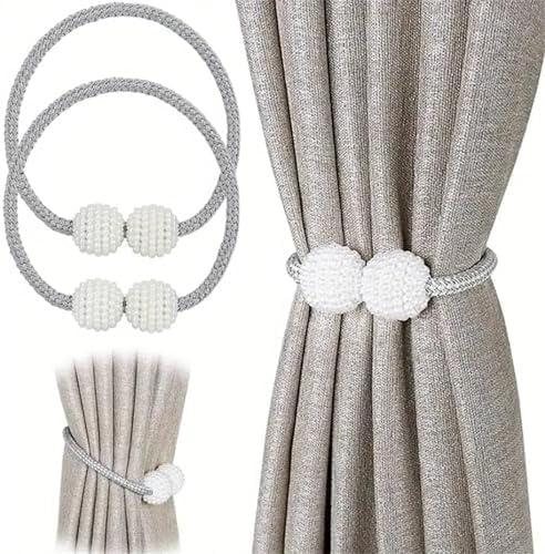Magnetic Curtain Tiebacks with Pearl Accent, Simple Elegant Curtain Holdbacks for Home Window Drapery(2 Silver)