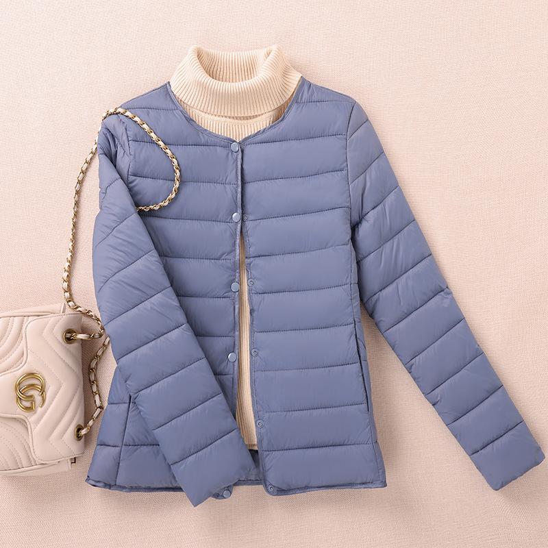 

Однотонные легкие пуховики для женщин, зимние, с круглым/v-образным вырезом, стеганые, на пуговицах, теплые, короткие, мягкие, удобные, тонкие, короткие, стеганые куртки L синий