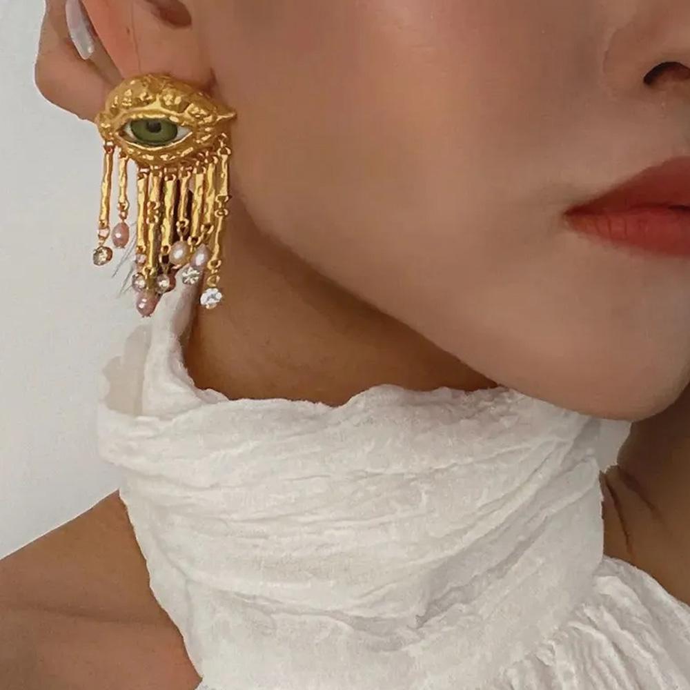 Women Vintage Eyes of Demon Earring Ring Exaggerated Trendy Earrings Style Imitated Pearl Girls Delicate Tassels Jewelry