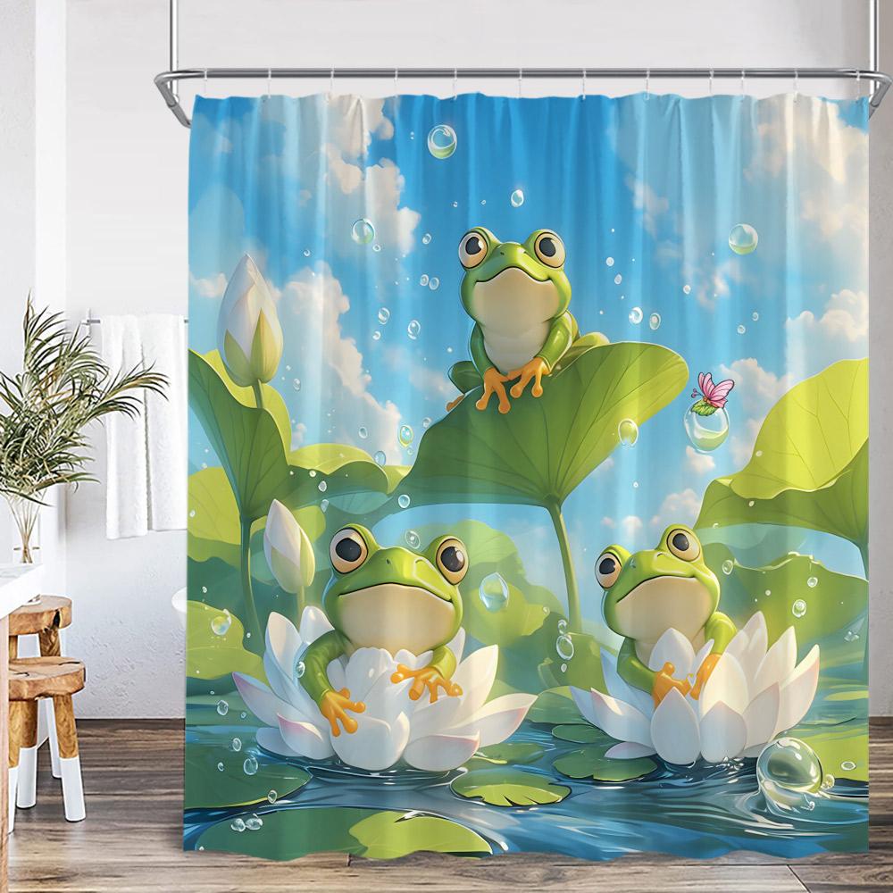 

Смешная шторка для душа с лягушкой, животное, лист лотоса, пруд, гриб, тропический лес, винтажный, летний декор для ванной комнаты, детская шторка для ванны с крючками 90x180cm