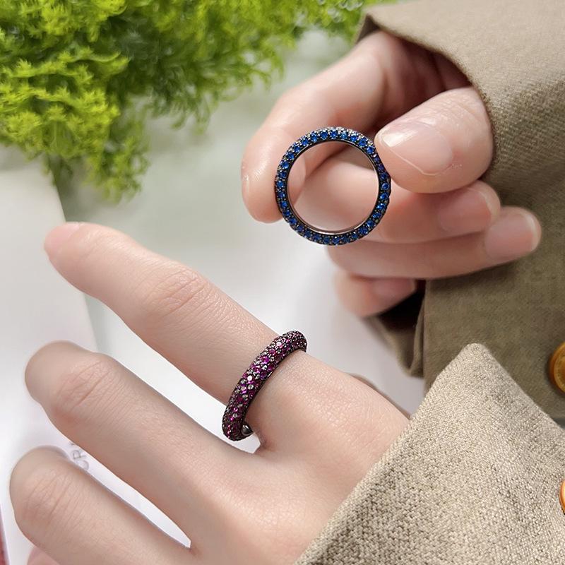 Autumn And Winter Jewelry Copper Bottom Gold-Plated Simulation Blue Spinel Red Corundum Black Gold Personalized Ring Female