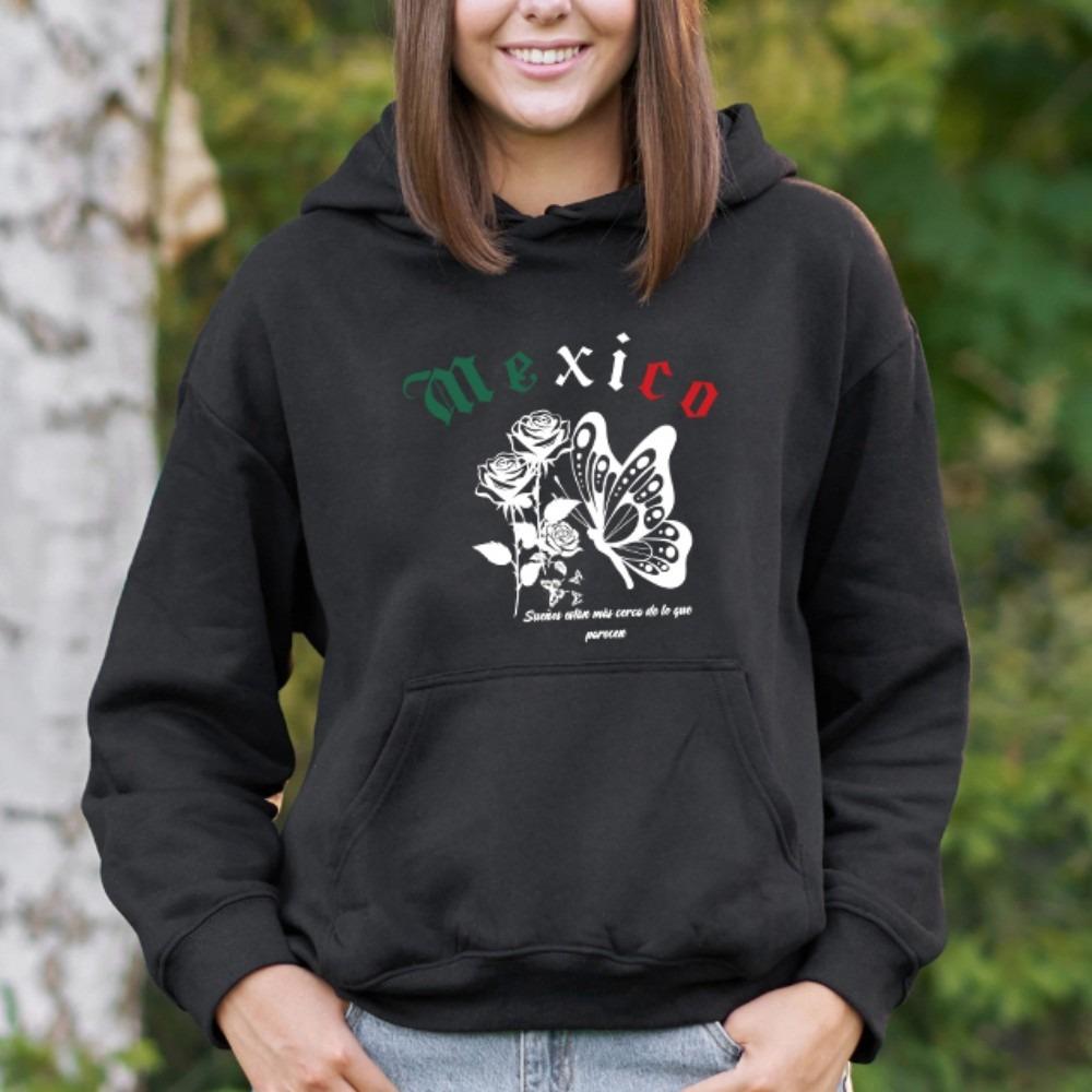 Mexico Butterflies And Flowers Prints Hoodie Women Street Loose Hooded Basics Sporty Sweatshirt Winter Fleece Warm Clothes