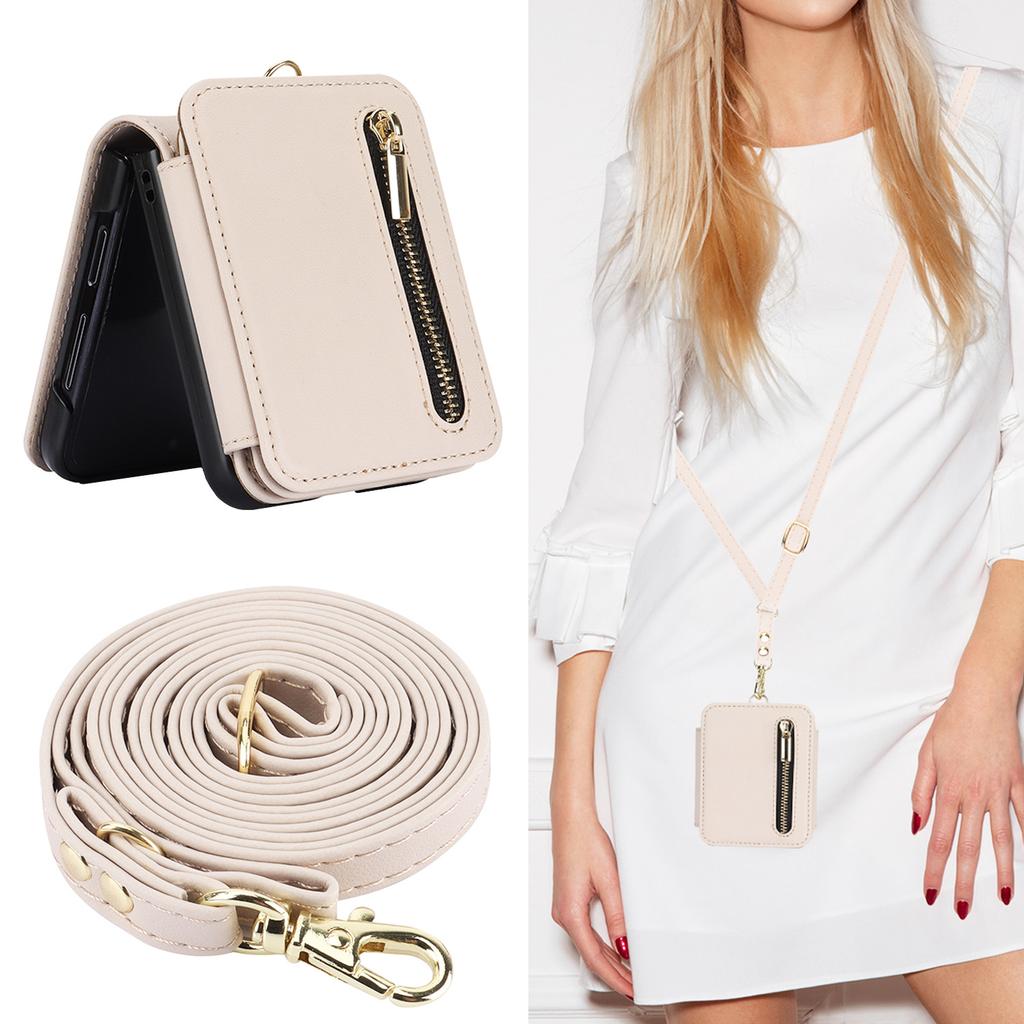 Applicable to Samsung Z Flip6 mobile phone case Z Flip5 solid color zipper change bag card holder diagonal strap