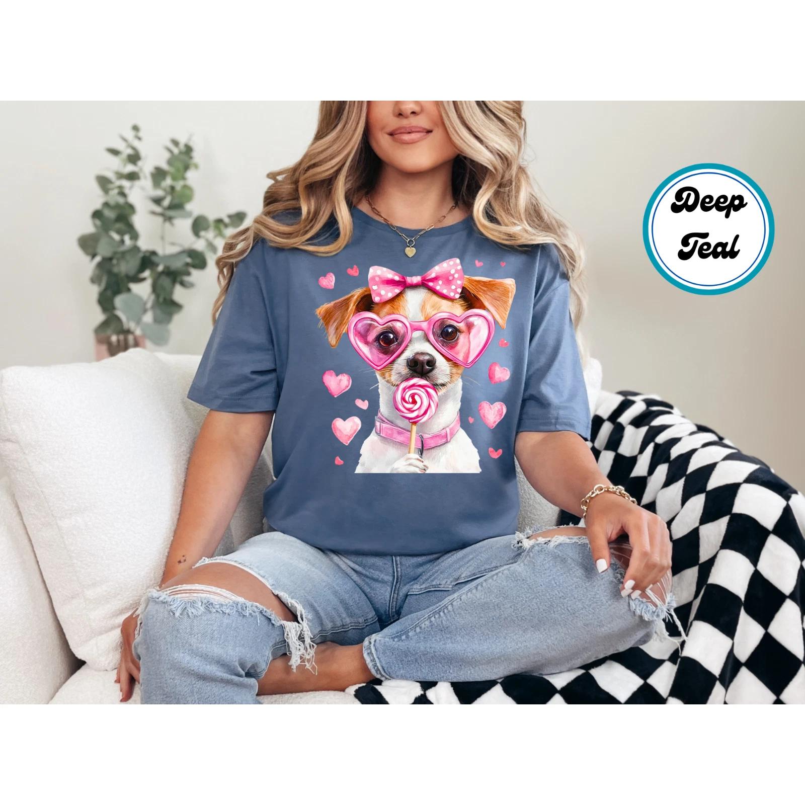 Women s Valentines Day Jack Russel Terrier Dog Graphic Shirt Trendy Puppy Shirt M