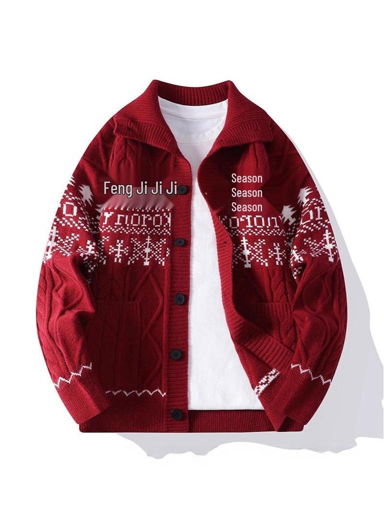 Men's Plus Size Christmas Jacquard Knit Sweater Coat