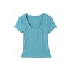 Design sense blue short-sleeved t-shirt women's summer new Korean front shoulder short slim-fitting beautiful dopamine top