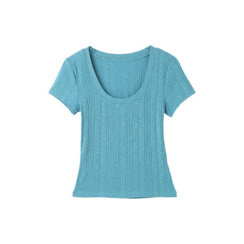 Design sense blue short-sleeved t-shirt women's summer new Korean front shoulder short slim-fitting beautiful dopamine top
