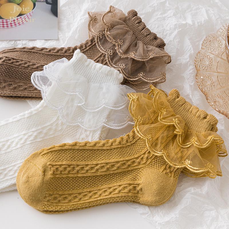 Lolita Lace Cotton Princess Socks for Girls - Black Dance Socks for Spring, Autumn, Winter