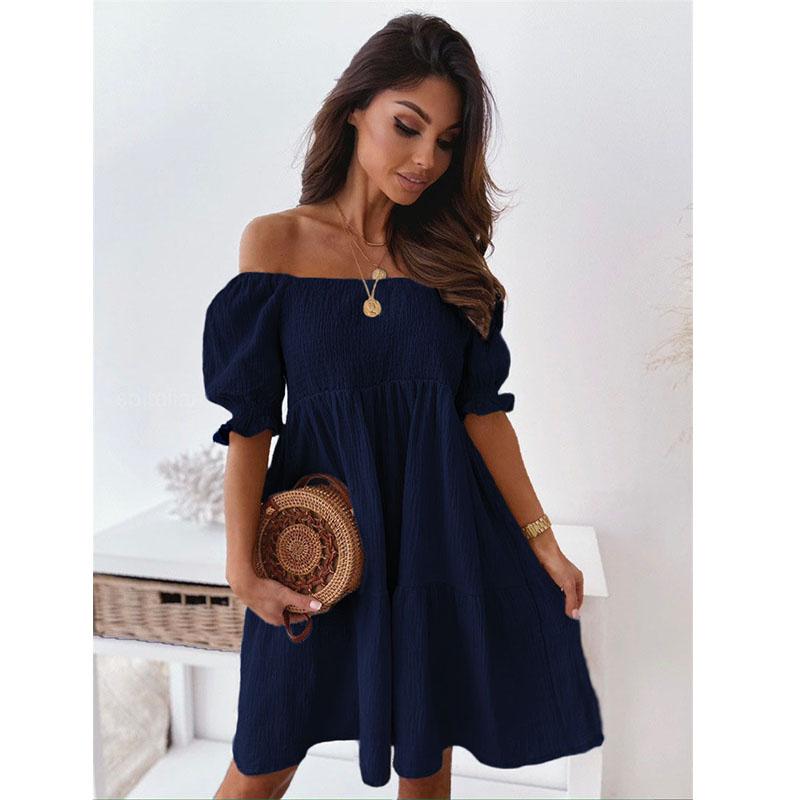 Damen Casual Off Shoulder Minikleid Sommer Damen Reine Farbe Slash Neck Kurzarm Partykleider