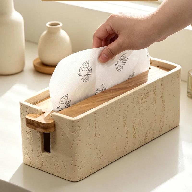 Adjustable Lifting Wood Cover Tissue Box Travertine Texture Napkin Holder Simple Desktop Tissue Box Home Bathroom Living Room