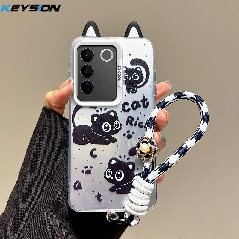 KEYSION Cute Ear Cartoon Case for VIVO Y100 5G with Lanyard Soft Silicone+PC Shockproof Phone Back Cover for VIVO Y100