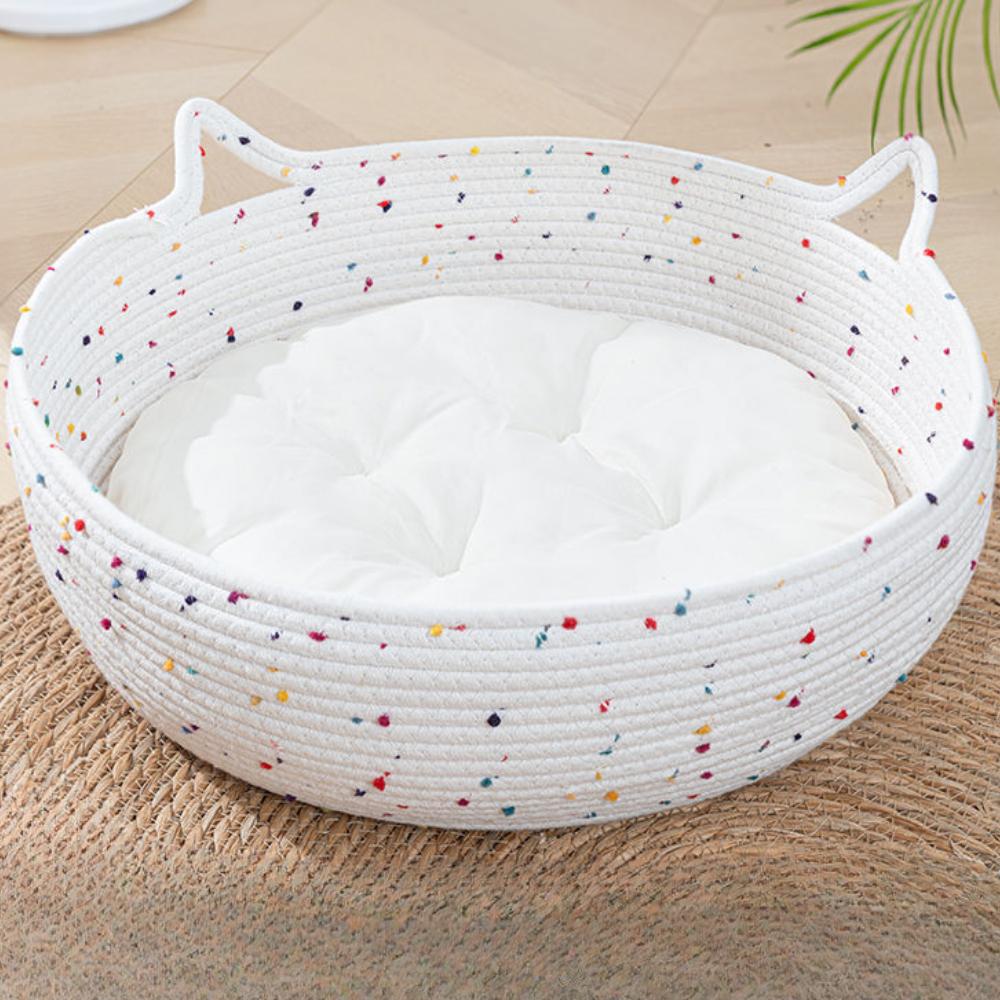 

Кошачье гнездо на все сезоны, плетеное из лозы, кошачье гнездо, моющееся, летняя кошачья кровать с мультяшными ушками, ручка, аксессуары для домашних животных S