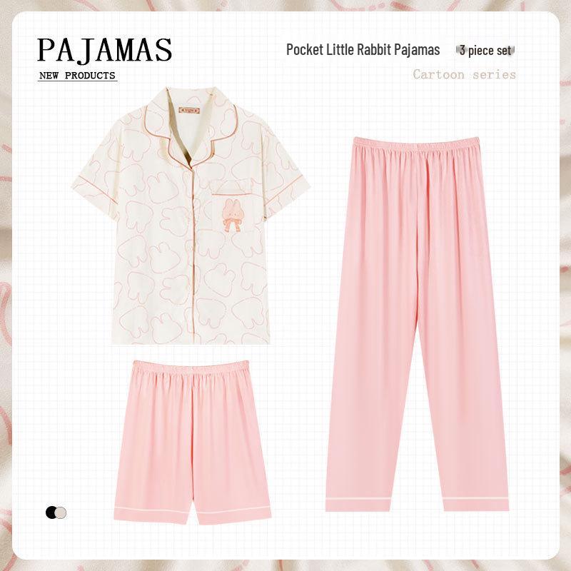 Pastoral Women's Pajama Set: Soft, Cute Rabbit Design, Short-Sleeve, Casual Three-Piece Loungewear.