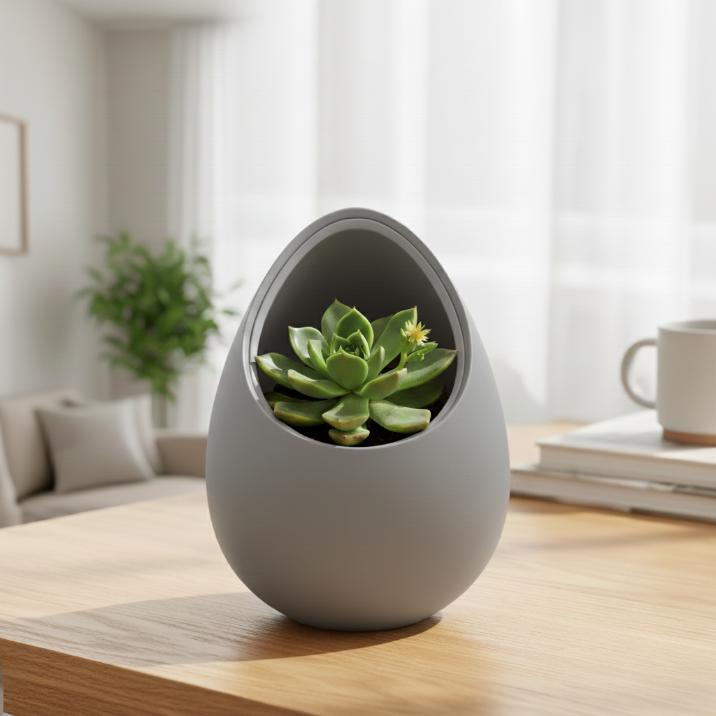 A modern, decorative gray plant pot in the shape of a nest for plants.