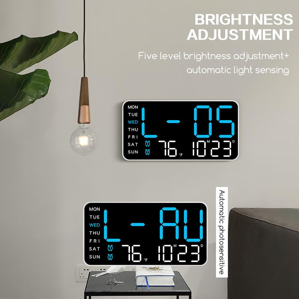 Voice-Activated Wake Up Alarm Clock Adjustable 12/24H LED Digital Wall Clock Control Temperature Date Brightness Hanging Clock