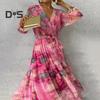 Women Evening Dress Patchwork V Neck Lace-up Waist Bohemian Style Lantern Sleeves Pleated Chiffon Colorful Print A-line Big Hem Maxi Dress