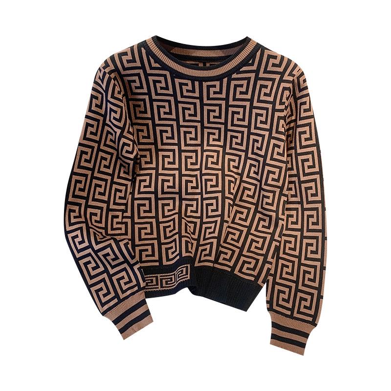 Women's Retro Jacquard Color-Block Long-Sleeve Knitted Pullover Sweater for 2024 Autumn/Winter