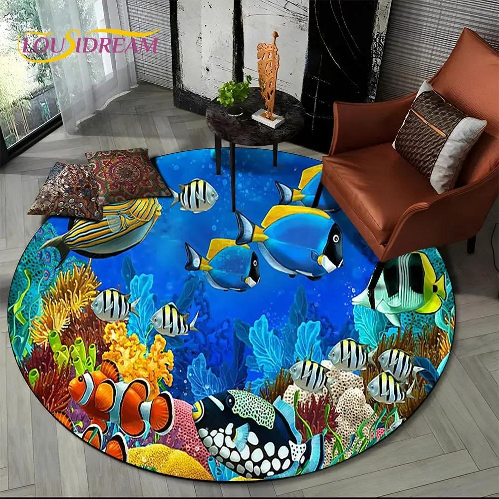 Unterwasserwelt Runder Bereichsteppich–Delfin & Schildkröte Ozean Teppich für Wohnzimmer oder Schlafzimmer–Rutschfeste Bodenmatte, Kinder Spielzimmer Deko