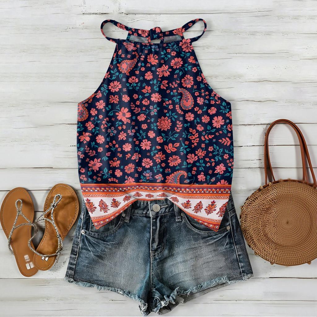 Women Sleeveless Bohemian Tank Top Geometric Print Casual Summer Beachwear Lightweight Blouse with Adjustable Straps and Back Button Closure