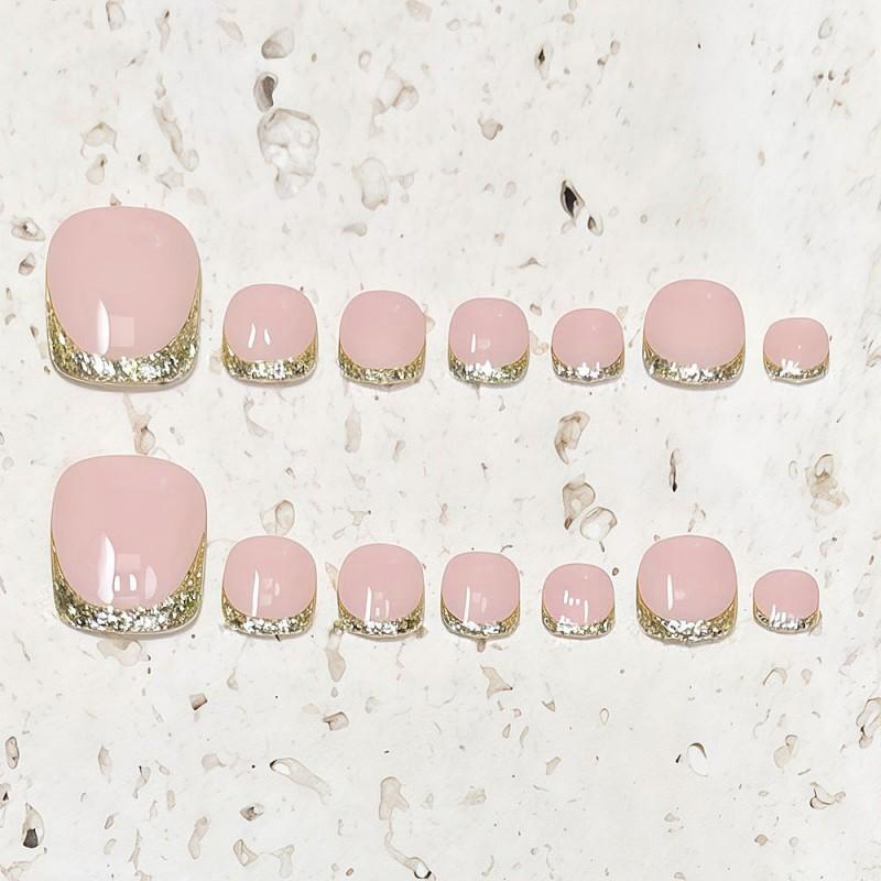 Handmade Press-On Toenails Short French Style Nude Pink Gold Glitter Women Small