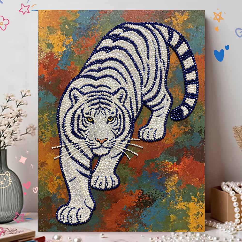 Shiny Pearl Majestic White Tiger DIY Painting Creative Bead Art Craft Household Wall Decoration Nice Present For Art Hobbyists Home Decor