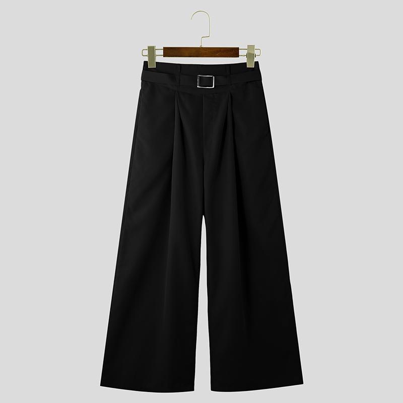 INCERUN Men High Waist Zipper Ruffled Pants Solid Casual Long Trousers Pockets