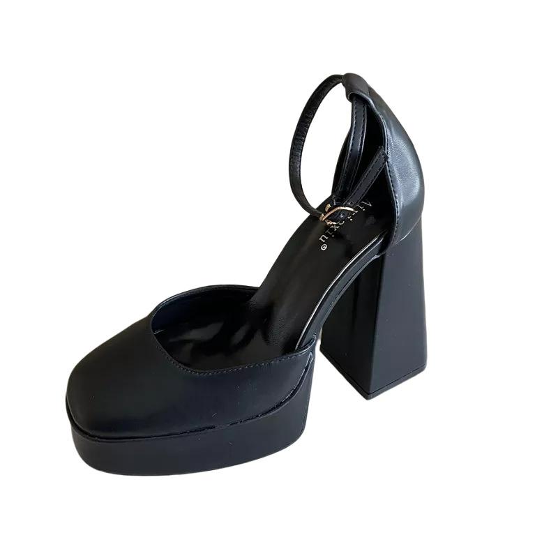 Summer New Sandals for Women with A Buckle and Thick Heel 13CM Square Toe Hollow High Heels for Women Sandalias